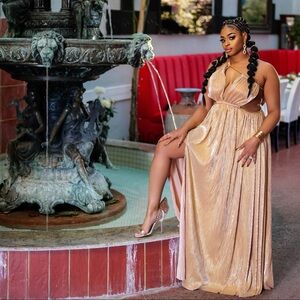 Gold Goddess Gown with gold accessories- one shoulder